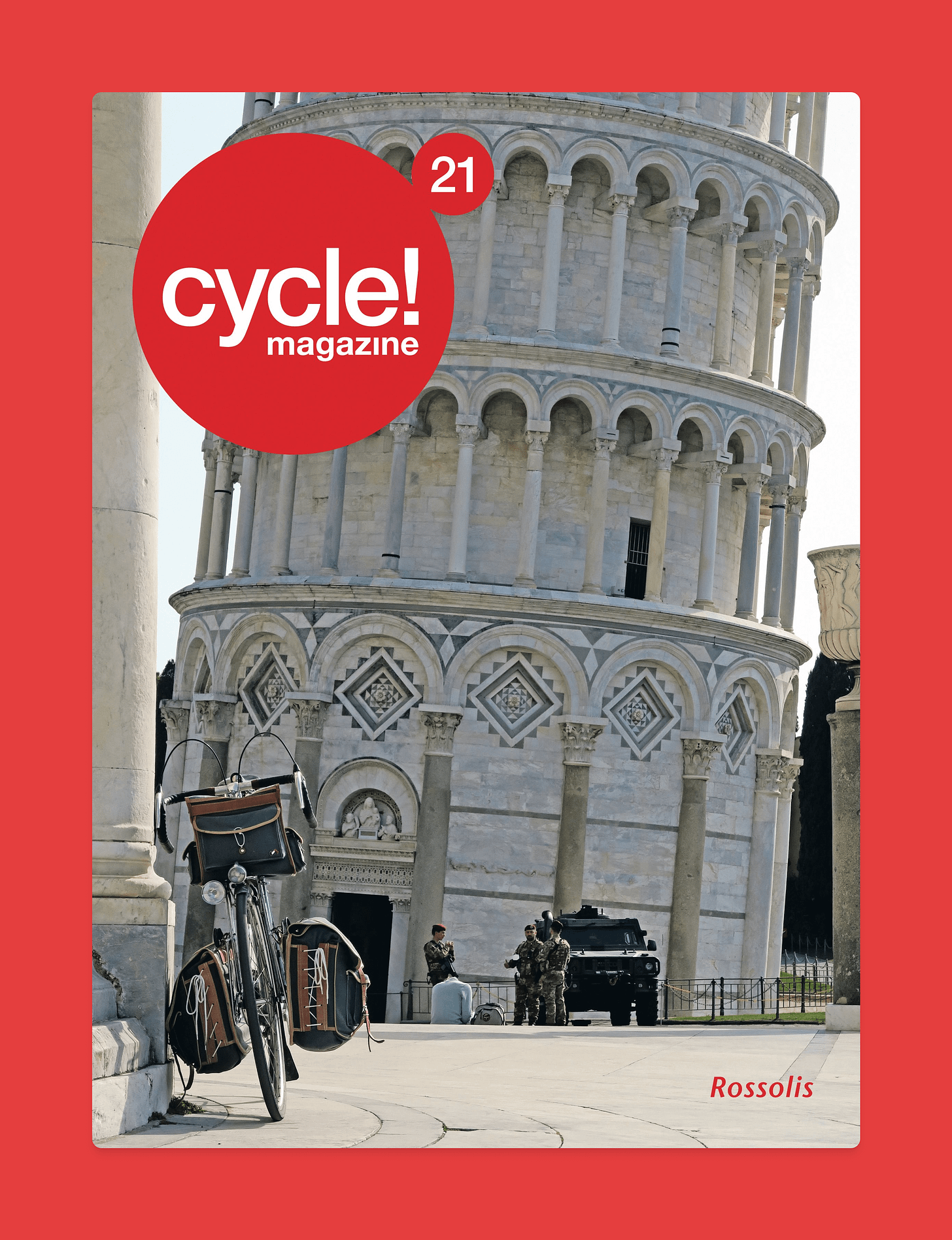Illustration de cycle magazine. On voit une vélo devant la tour de pise en italie.