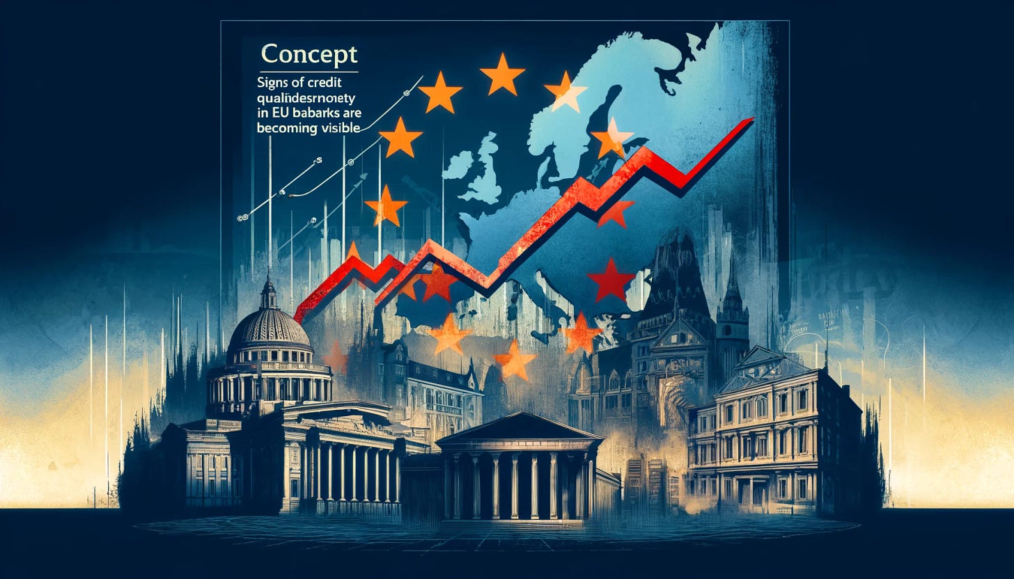 Illustrate a concept for the European Banking Authority (EBA) stating that signs of credit quality deterioration in EU banks are becoming visible. Visualize this concept with a blend of financial imagery and symbols of decline. Include elements like a graph with a downward trend superimposed over the map of Europe, distressed bank buildings, and fading EU stars. The style should be sophisticated and abstract, with a blend of modern and classical elements to convey the gravity of the situation. Use a palette that emphasizes cooler tones to suggest a cautious atmosphere, with hints of red to signify alertness.