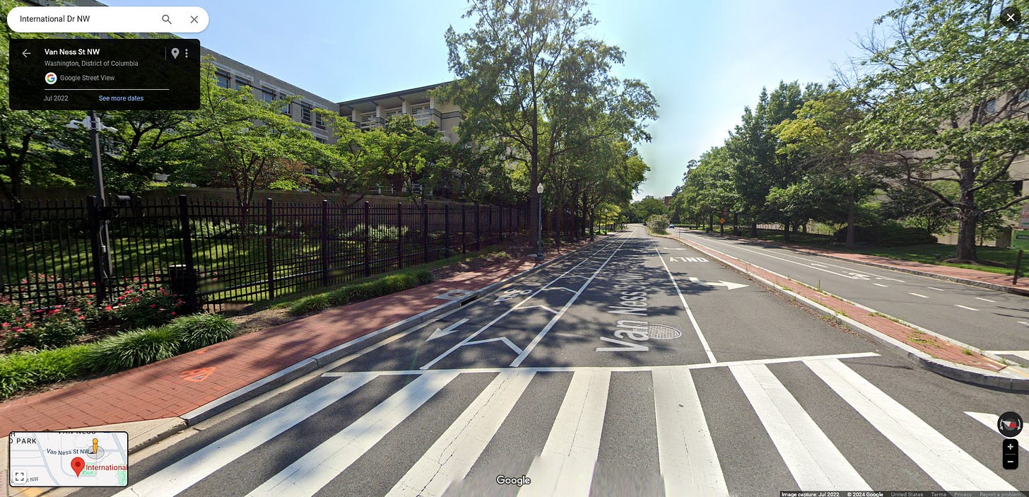 Google Street View image of the Chinese Embassy from the corner of Van Ness Street NW and International Drive NW in Washington, DC