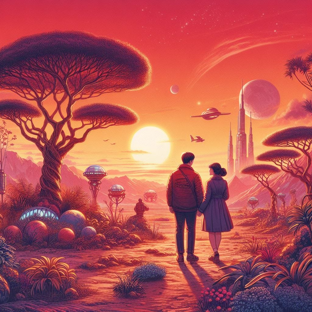 young Korean couple in Martian botanical gardens at sunset, 60s sci-fi drawing
