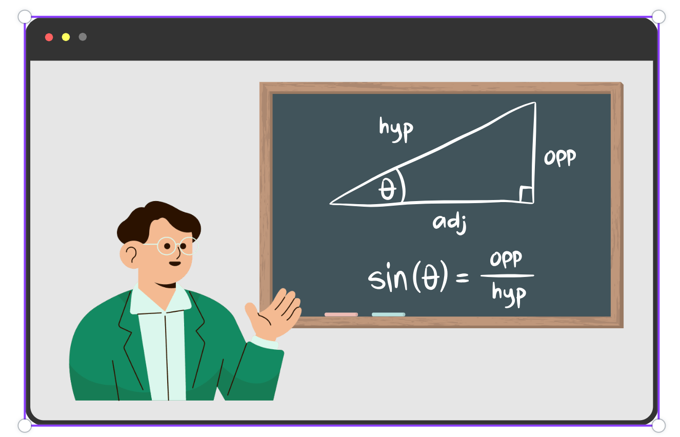 Visual of a pedagogical agent on a computer screen with a blackboard to the right with trigonometry equations written on it. 