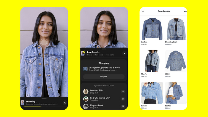 Three frame screenshot of Snapchat's Screenshop function, with a woman wearing a denim jacket and Snap providing shoppable options similar to her jacket