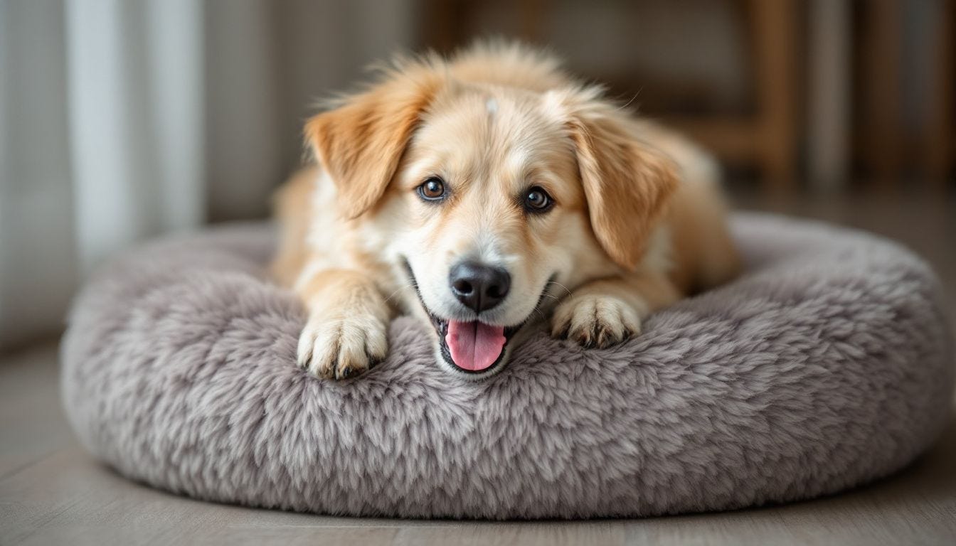 Flux Labs AI Prompt: An image of a cute dog lying on a fluffy circle pillow, smiling for a photoshoot