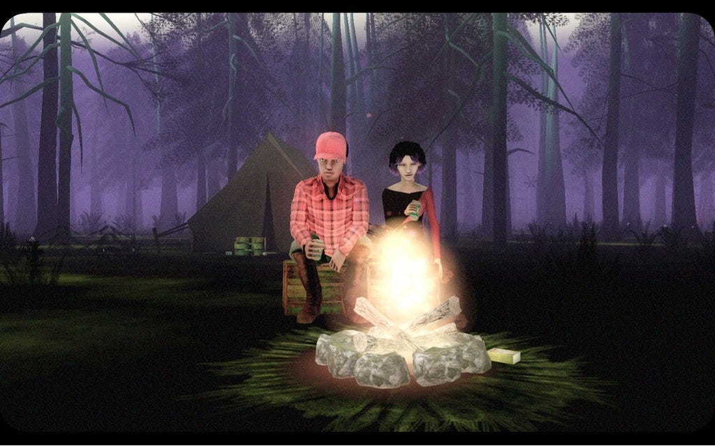 A screenshot of Carmen and the Lumberjack, sitting on a log next to a campfire with what we can assume is cans of beer. In the background we can see a pitched tent.
