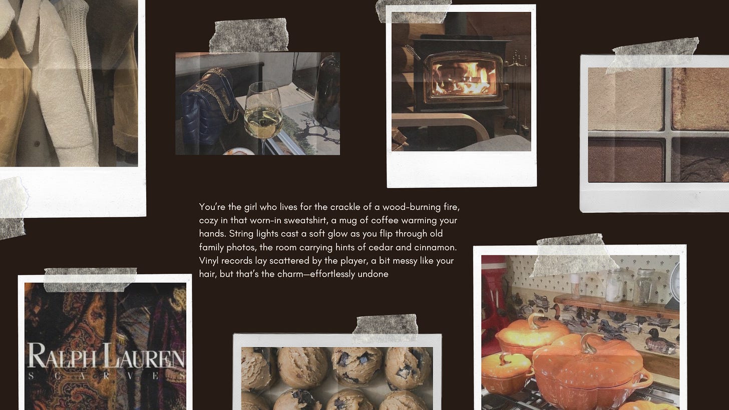 A cozy collection of holiday moments captured in Polaroid-style frames. A wood-burning fire crackles warmly, a cup of coffee and a glass of wine sit on a wooden table, and vintage clothing pieces hang in a closet. A Ralph Lauren sweater and fresh-baked cookies evoke feelings of warmth and nostalgia, while orange pumpkin-shaped cookware adds a festive touch.