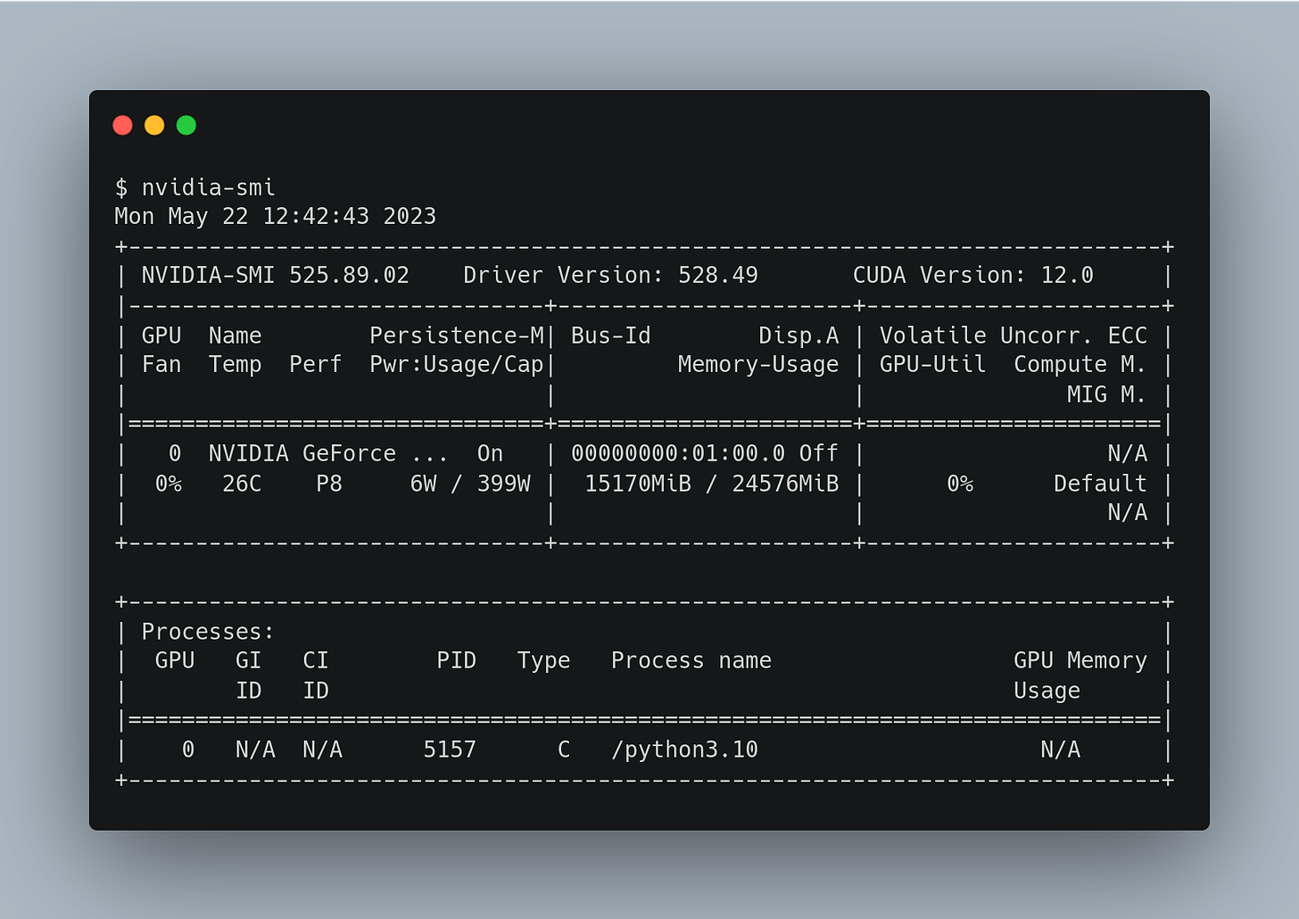 Screenshot of terminal results of nvidia-smi command