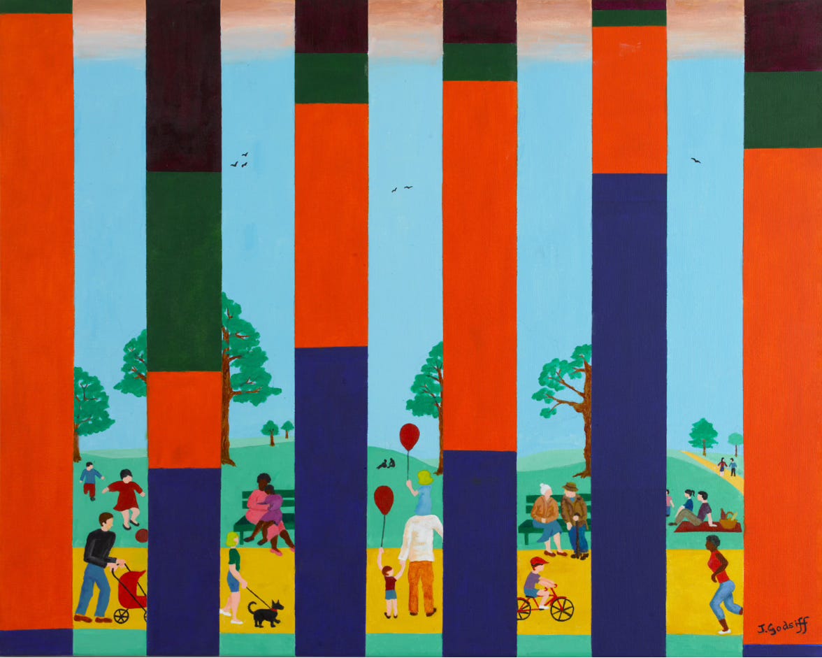 Painting of people in the park with air pollution descending on them, behind a colour bar chart
