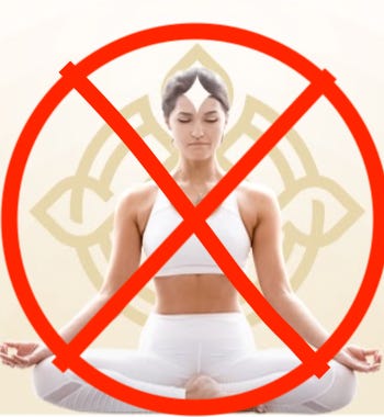 A white woman in a white sports bra and white leggings sitting in classic Hindu lotus pose. There is a white diamond shape superimposed on her forehead. Behind her is a golden tantra design. The background is beige. There is a scarlet red circle along with a two scarlet red lines crossing diagonally over the entire picture.