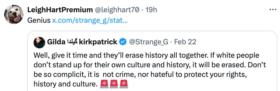 Leigh posts "Genius" in response to "Well, give it time and they’ll erase history all together. If white people don’t stand up for their own culture and history, it will be erased. Don’t be so complicit, it is  not crime, nor hateful to protect your rights, history and culture"