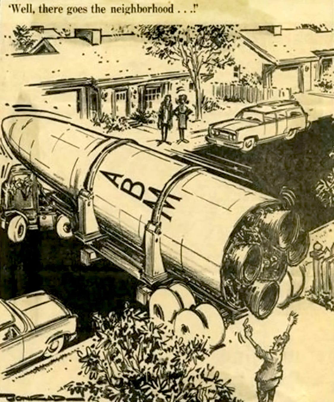 Editorial cartoon about the "not-in-my-backyard" movement opposition to the Johnson Administration proposed deployment of nuclear-armed ballistic missiles in US suburbs. (via Frank von Hippel)