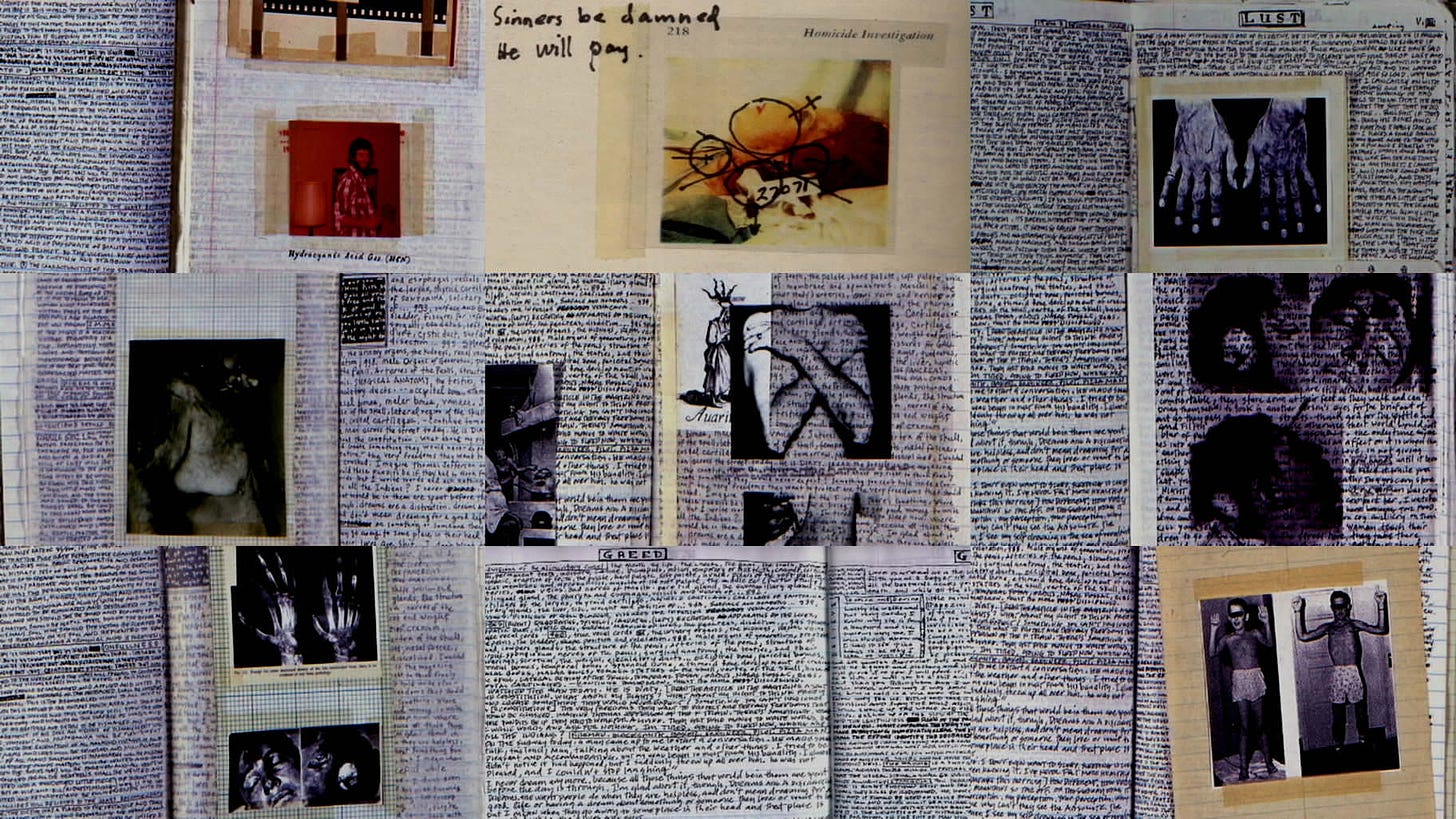 r/MovieDetails - In Se7en, all of the entries in John Doe's notebooks were entered by hand by designers Clive Piercy and John Sabel. The duo spent $15,000 on journals, made the entries, ripped them up and sewed them back together by hand, and then baked them to make them seem worn and old.