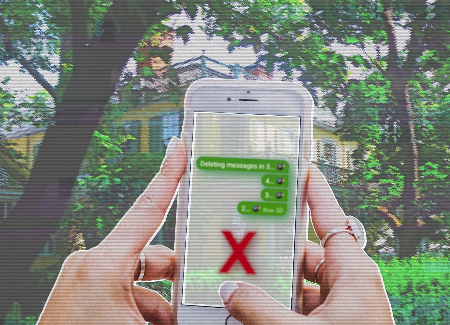 Hands holding a phone in front of Gracie Mansion. The phone screen is translucent: we can see the the mansion behind it, as well as the texts, which read, “Deleting messages in 5 ... [bomb emoji] 4... [bomb emoji] 3... [bomb emoji] 2... [bomb emoji]” and are followed by a large red “X.” 