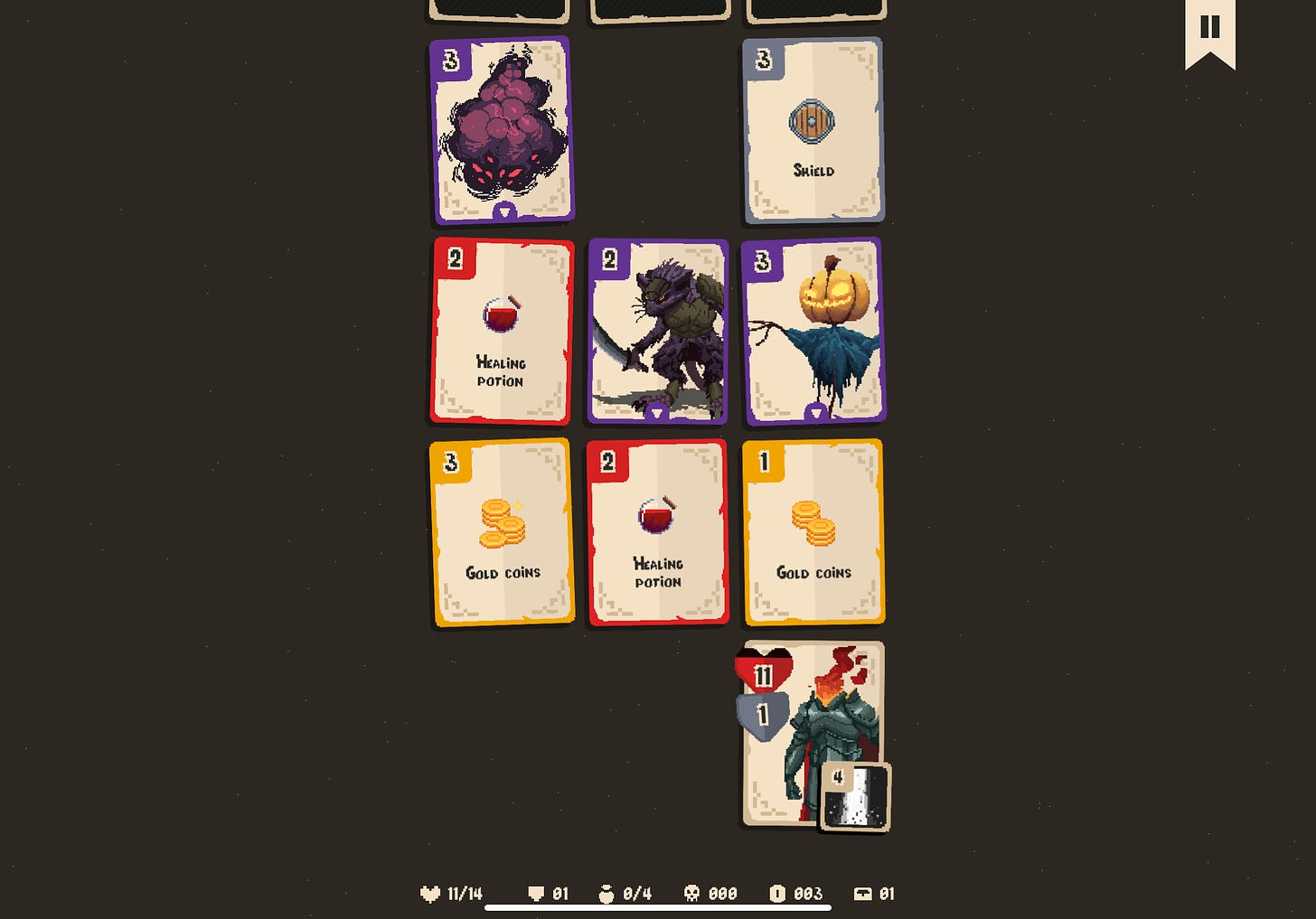 A grid of cards including enemies, gold coins, and healing potions 