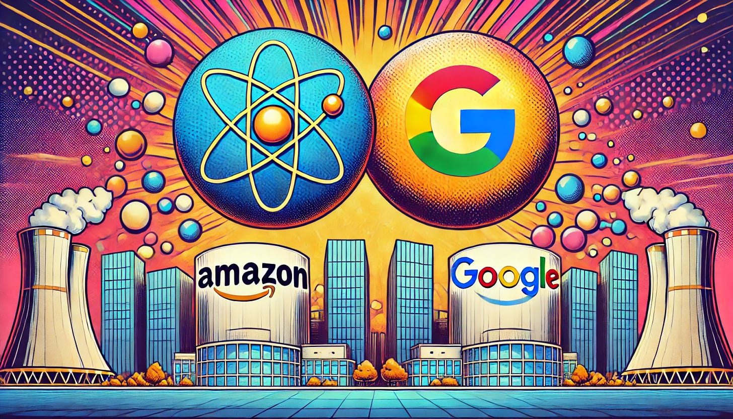 A vibrant, pop-art style illustration in 16:9 format depicting Amazon and Google betting on nuclear energy. The image should feature large nuclear energy symbols, such as atoms and nuclear plants, glowing with bright, clean energy. The logos of Amazon and Google should be prominent, perhaps on clean, modern-looking buildings. The background should have a futuristic and bright look, with a sense of innovation and environmental consciousness. Text should not be included in the image.