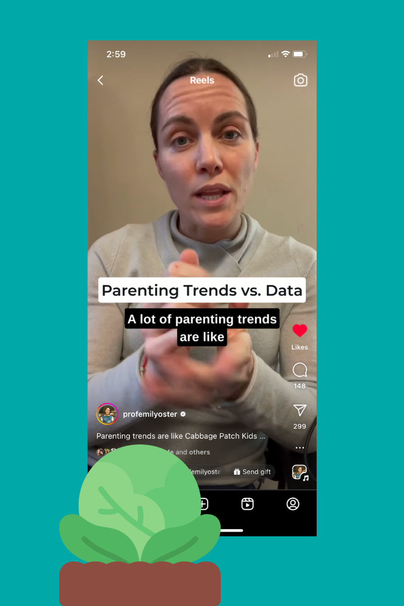 Screenshot of Emily Oster on Instagram explaining parenting trends