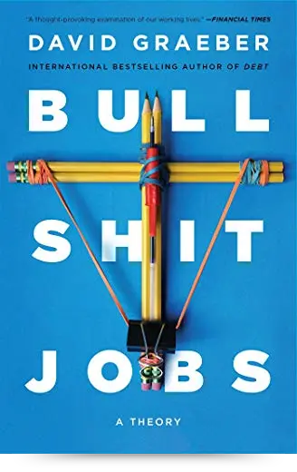 Capa do livro "Bullshit Jobs" de David Graeber, com fundo azul e o título formado por lápis coloridos amarrados com elásticos, formando uma cruz católica.