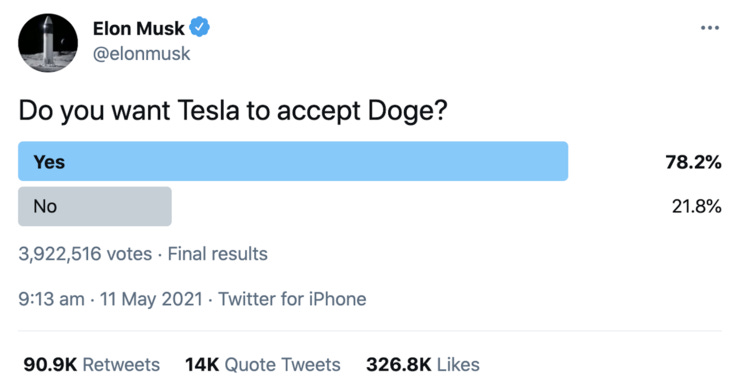 Elon asks his followers if they would want Tesla to accept Doge