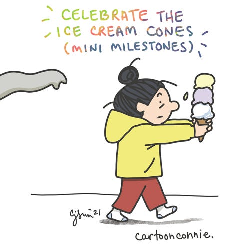 Celebrate the Ice Cream Cones (Mini Milestones) Title Illustration about celebrating mini milestones and small wins in creative work, sketchbook drawing, cartoon by Connie Sun, cartoonconnie