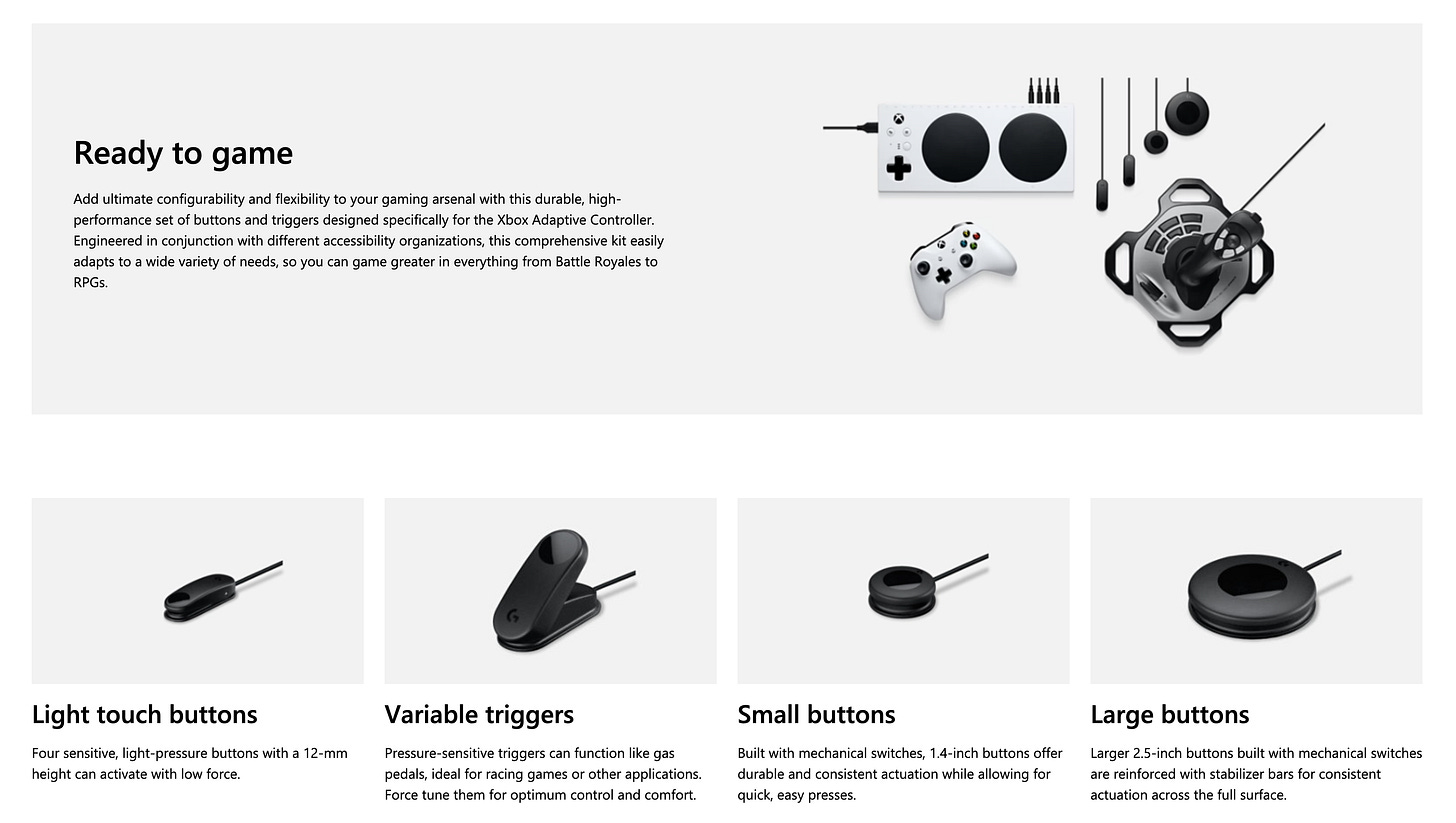 Product page showcasing gaming controller options, including the Xbox Adaptive Controller and PlayStation Access controller, along with additional buttons and accessories