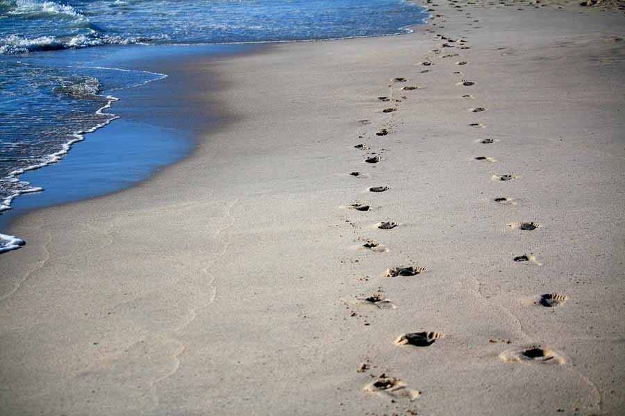 Footprints in wet sand next to the sea