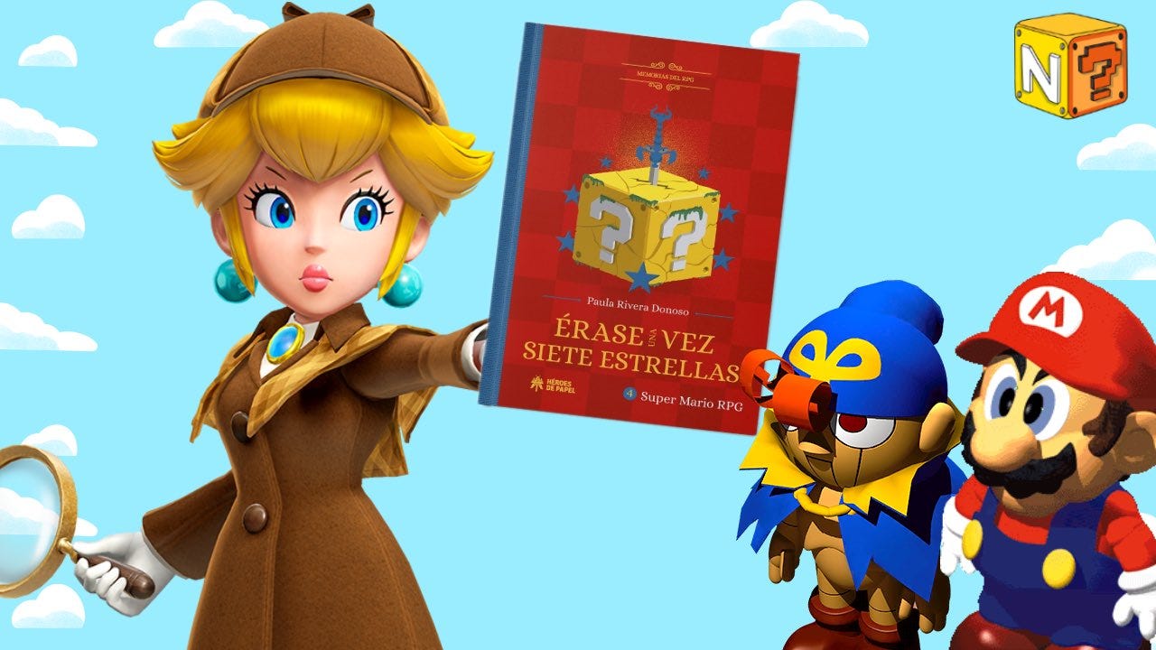 Detective Peach con el libro Érase una vez siete estrellas y arte de Mario y Geno en Super Mario RPG