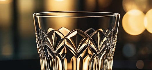 An Irish crystal whiskey glass sitting on a table with moody lighting.