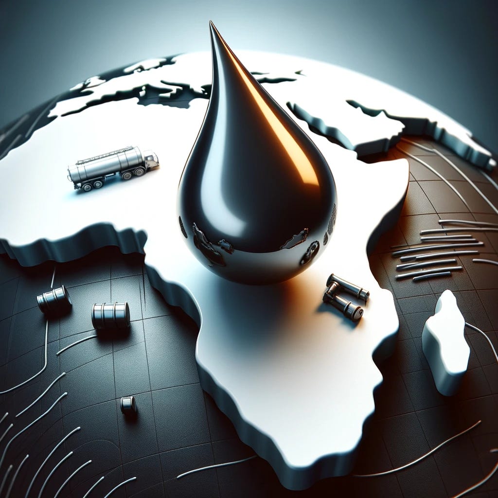 Illustration in a sophisticated and professional news graphic style, depicting a drop of oil slowly dripping over the continent of Africa. The image should feature a stylized drop of oil positioned above a simplified map of Africa, symbolizing the impact of the oil industry on the continent. The oil drop should be rendered with a glossy, viscous texture to emphasize its nature. The background should be minimalistic, focusing the viewer's attention on the interaction between the oil drop and the African continent. The overall image should convey themes of natural resources, environmental impact, and economic influence, consistent with high-quality newspaper and magazine graphics.