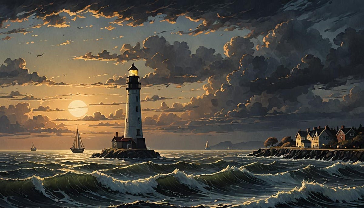 Evening at sea, with lighthouse and waves