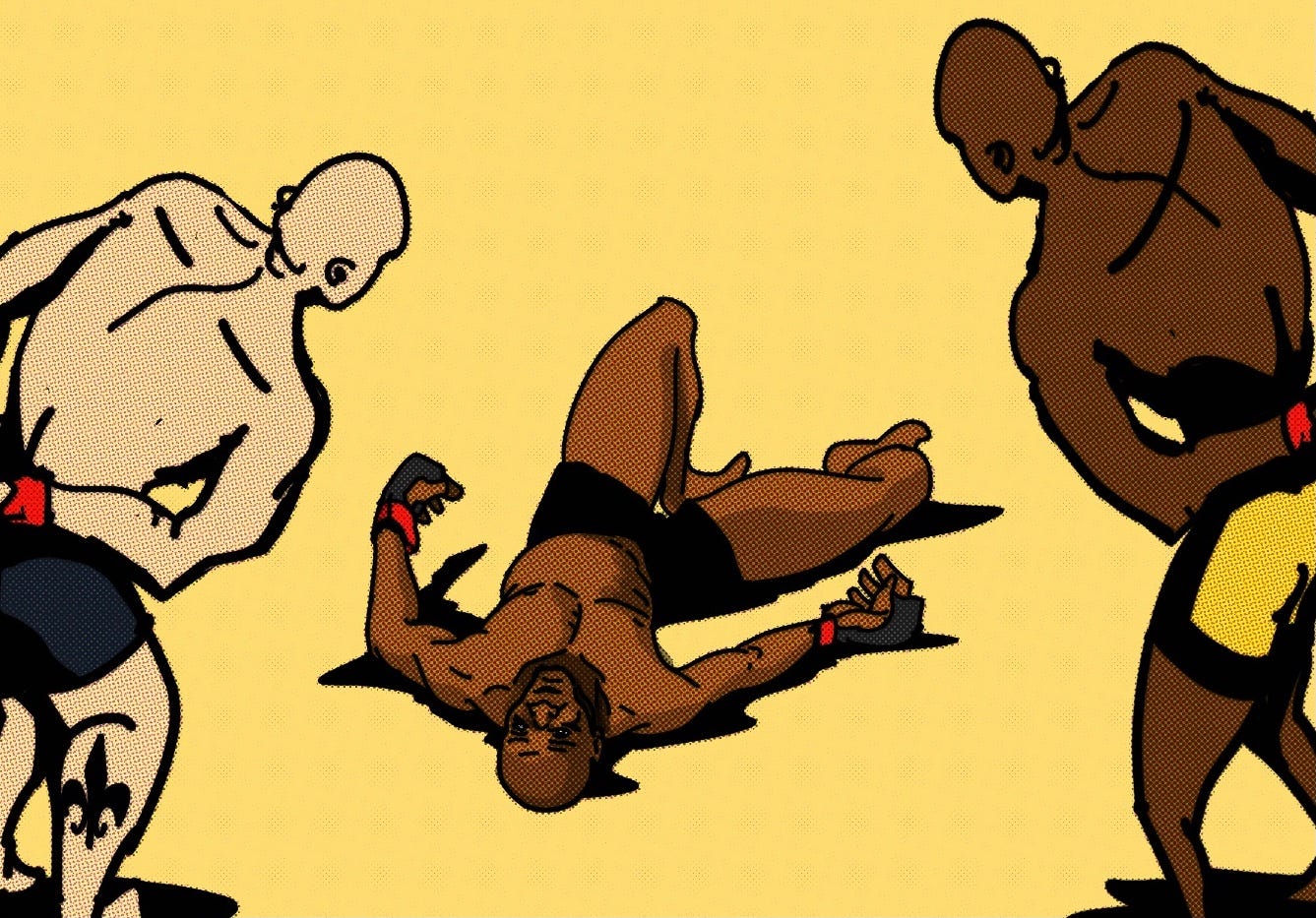 A drawing of two MMA fighters looking down at the unconscious form of Kamaru Usman.