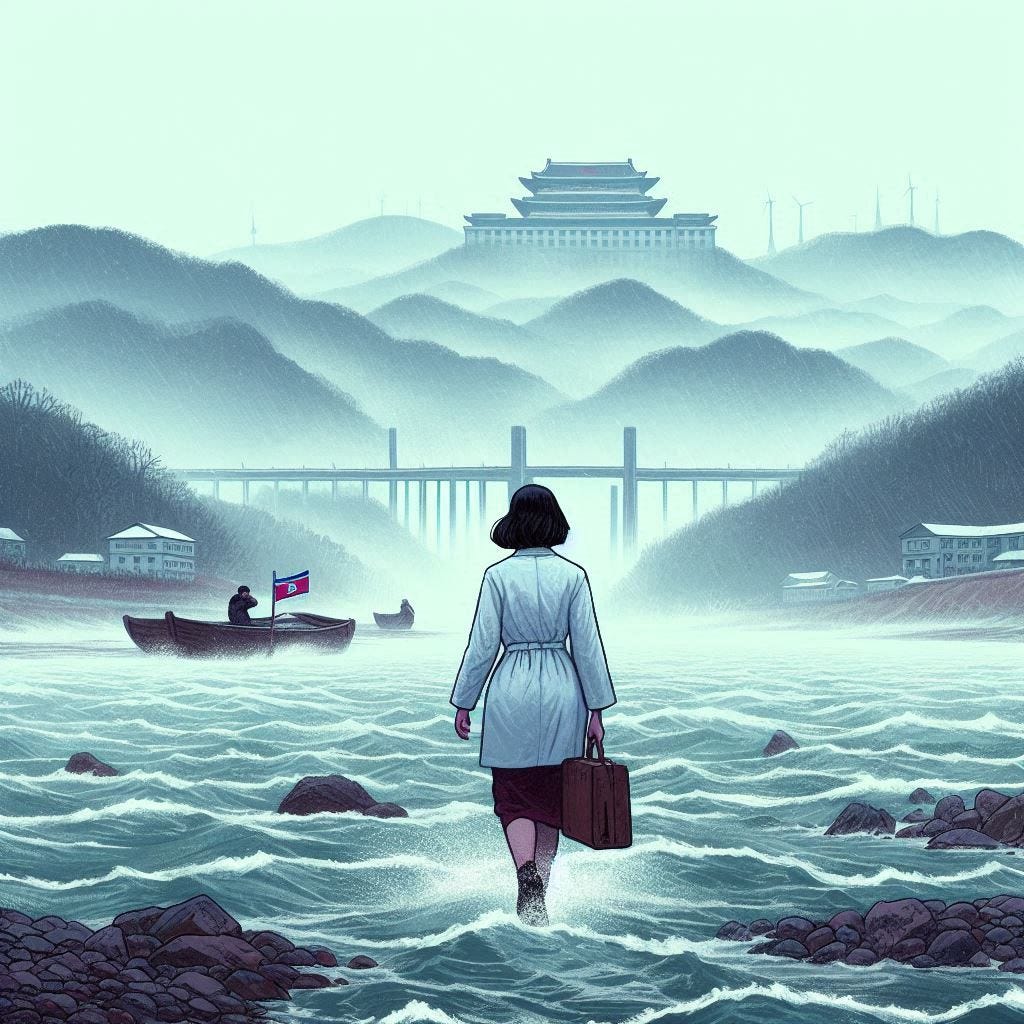 a female korean professor crossing the river into a foggy north korea, solarpunk drawing