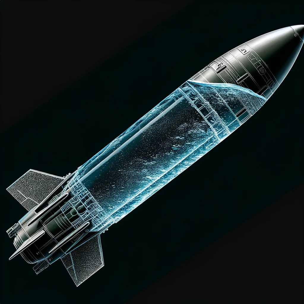 A DF-4 missile, depicted in a unique way by showing it filled with water. The missile should have a long, cylindrical shape, typical of ballistic missiles, with fins and a pointed nose. It should be portrayed either with a transparent or a cutaway view, allowing the water inside to be visible. This creates an imaginative and intriguing depiction of a missile, blending the usual military design with an unexpected element of being filled with water.