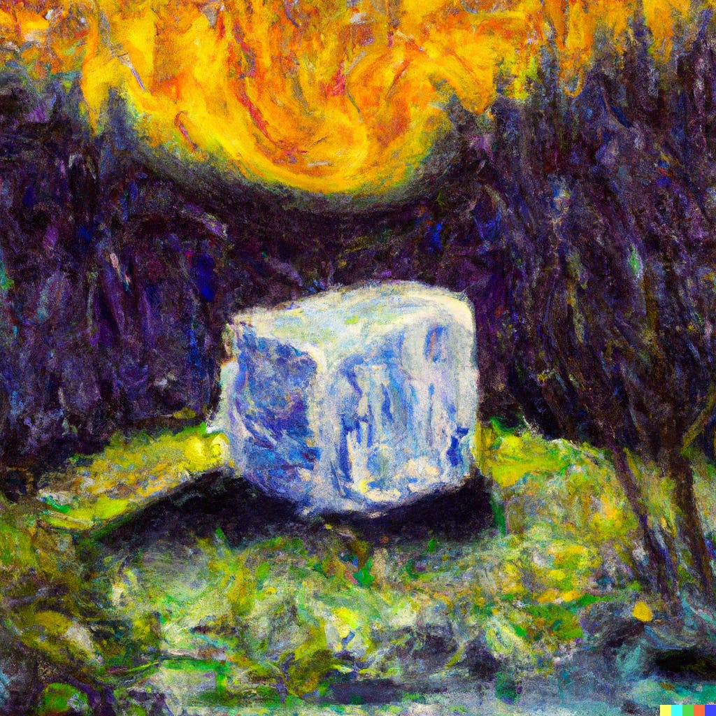DALL-E image generated from the prompt: An impressionist oil painting of a giant ice cube in the middle of a forest on fire