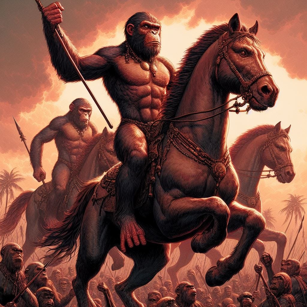 humanoid apes riding horses and holding spears