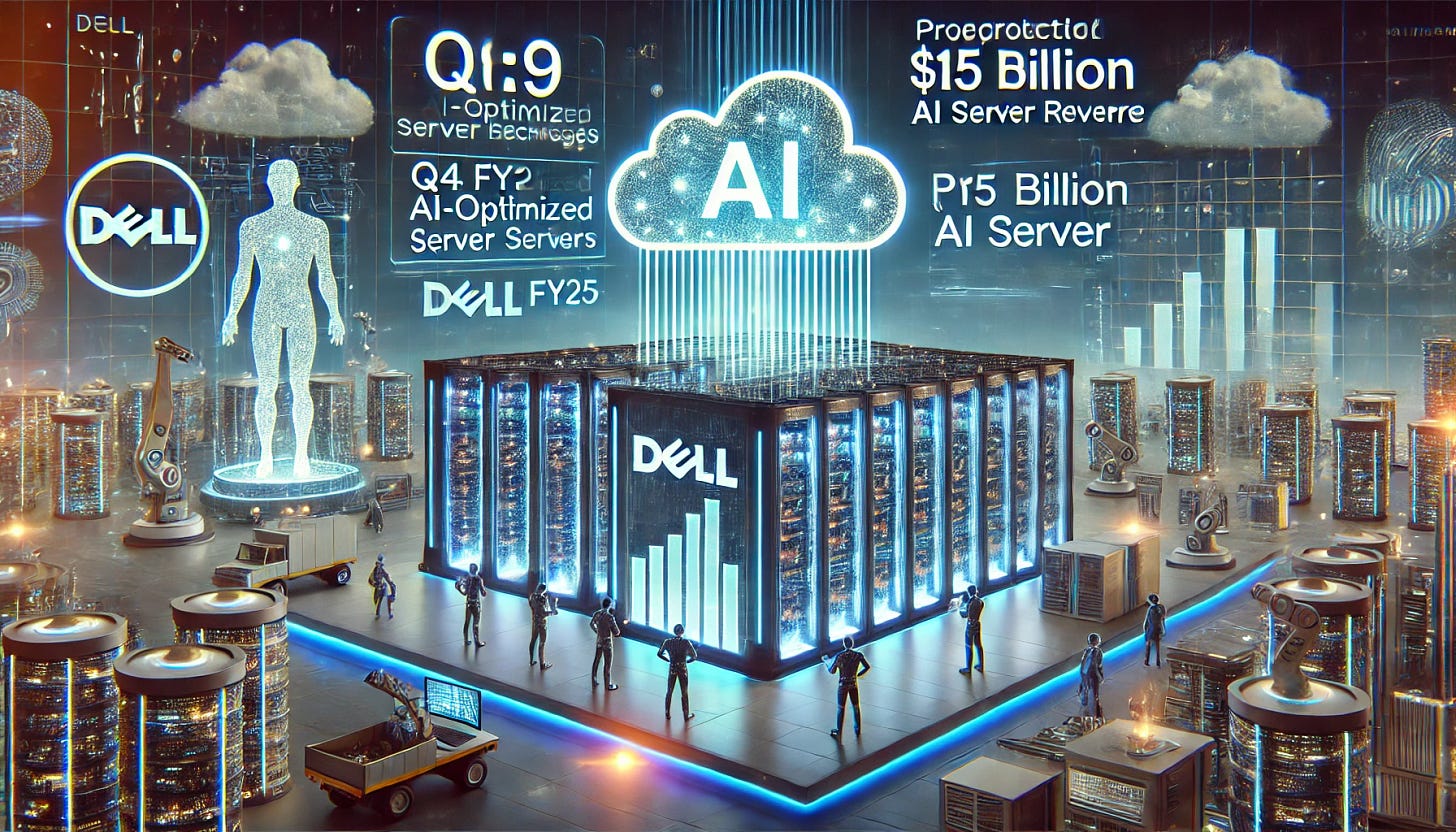 A 16:9 futuristic illustration showcasing Dell Technologies doubling down on AI servers. The scene features a high-tech Dell-branded data center with glowing AI-optimized server racks, processing vast amounts of data. Holographic financial charts display Dell’s Q4 FY25 results and the projected $15 billion AI server revenue. Engineers and robotic systems manage AI workloads, symbolizing next-gen infrastructure solutions. The background includes a futuristic cityscape with interconnected cloud networks, emphasizing Dell’s commitment to generative AI and high-performance computing.
