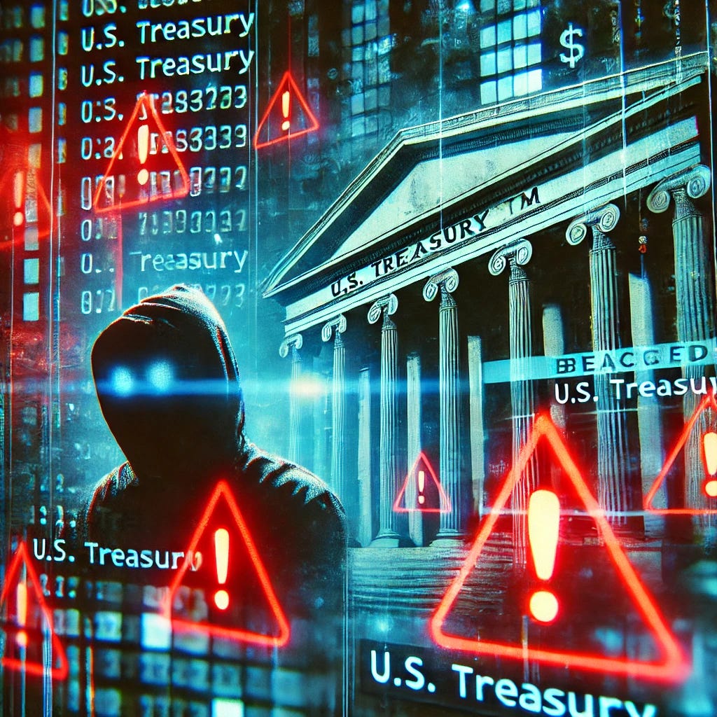 A high-resolution image showing a breached U.S. Treasury system with glowing red warning triangles. The scene is layered with digital glitch effects, neon blue and red tones, and a hacker figure partially visible in the shadows. The aesthetic is futuristic and edgy to engage a Gen Z audience.