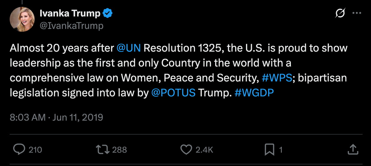 Almost 20 years after @UN Resolution 1325, the U.S. is proud to show leadership as the first and only Country in the world with a comprehensive law on Women, Peace and Security, #WPS; bipartisan legislation signed into law by @POTUS Trump. #WGDP Almost 20 years after @UN Resolution 1325, the U.S. is proud to show leadership as the first and only Country in the world with a comprehensive law on Women, Peace and Security, #WPS; bipartisan legislation signed into law by @POTUS Trump. #WGDP