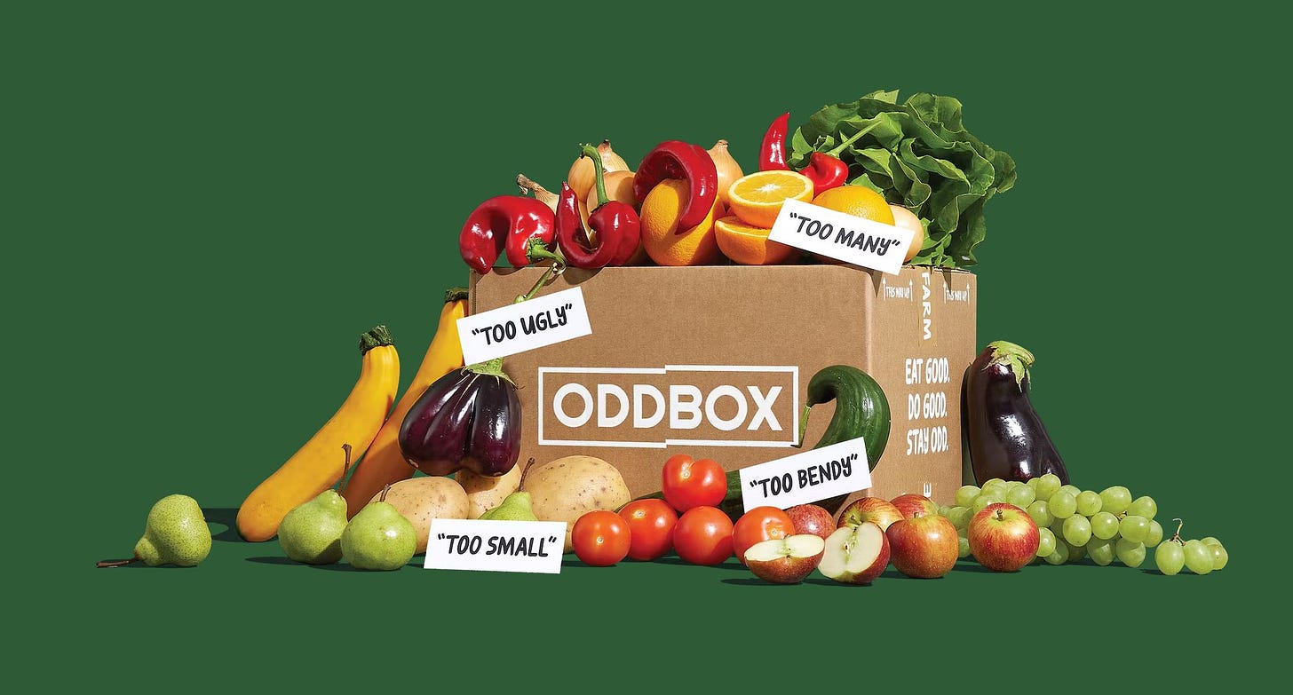 Image of an Oddbox veg box showing fruit and vegtables that are too ugly, too small, too bendy