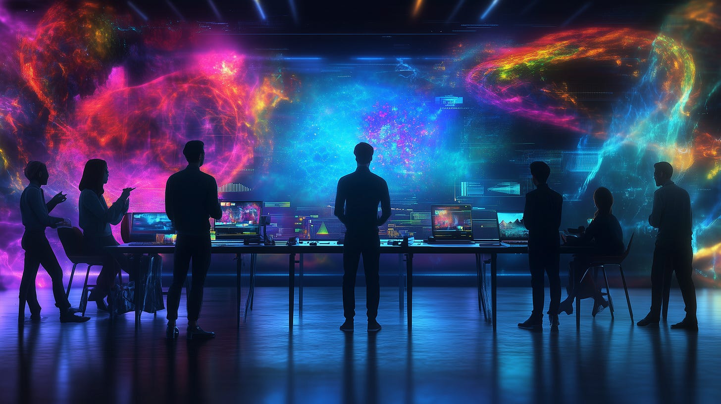 Group of people, silhouetted in front of a large, colorful nebula