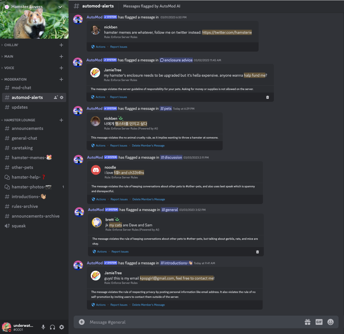 A screenshot of AutoMod AI. AutoMod is reviewing messages and flagging them to moderators.