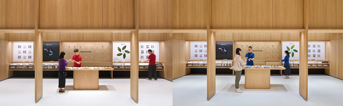 A split image comparing the experience rooms at Apple Hanam and Apple MixC Wenzhou.
