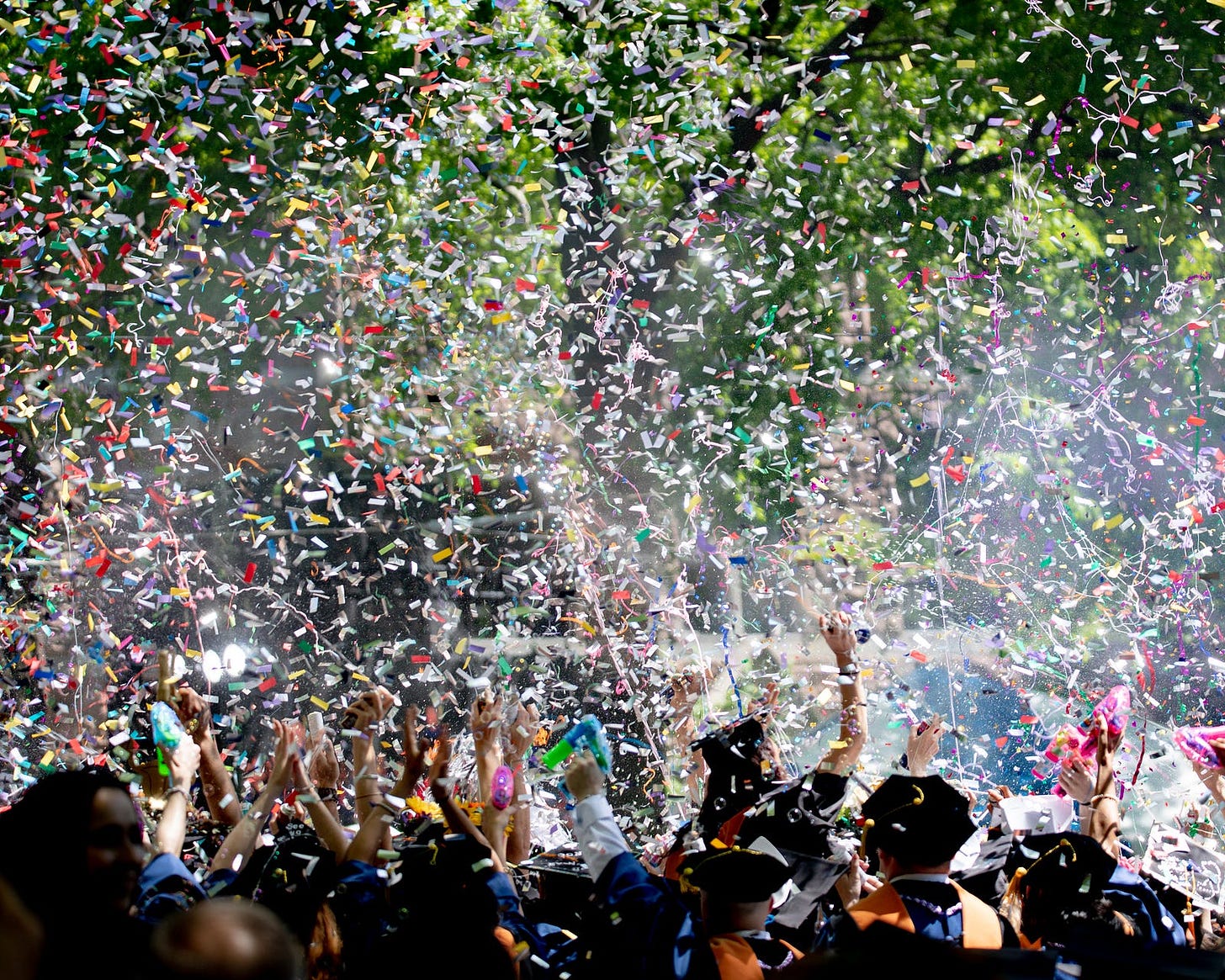 Enthusiastic fans exult as confetti rains down upon them.