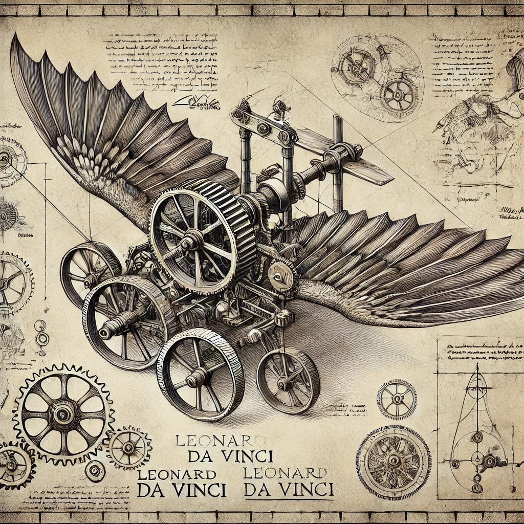 A detailed artistic representation in the style of Leonardo da Vinci's sketches, featuring an imagined invention. The drawing includes a mechanical flying machine with intricate gears, pulleys, and wings inspired by bird anatomy. The background is a parchment-style canvas with handwritten annotations and diagrams surrounding the central invention. The design is rendered with fine pen strokes and shading, capturing da Vinci's meticulous attention to detail and inventive spirit.