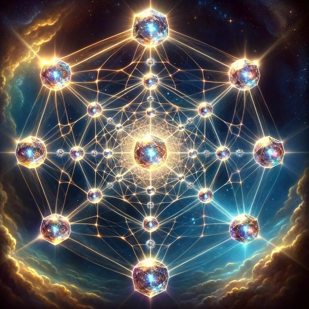 Illustration of Indra's net, a metaphorical cosmic web from Hindu and Buddhist cosmology. The net spans infinitely in all directions, with a brilliant, multifaceted jewel at each intersection, reflecting all the other jewels in the net. The jewels gleam with an internal light, symbolizing the interconnectedness of the universe and all beings within it. Each jewel contains an infinite number of reflections of all the other jewels, representing the concept of interpenetration and non-obstruction that is central to the metaphor. The background is a cosmic canvas, with nebulous clouds and stars, adding to the mystical and boundless nature of the concept.