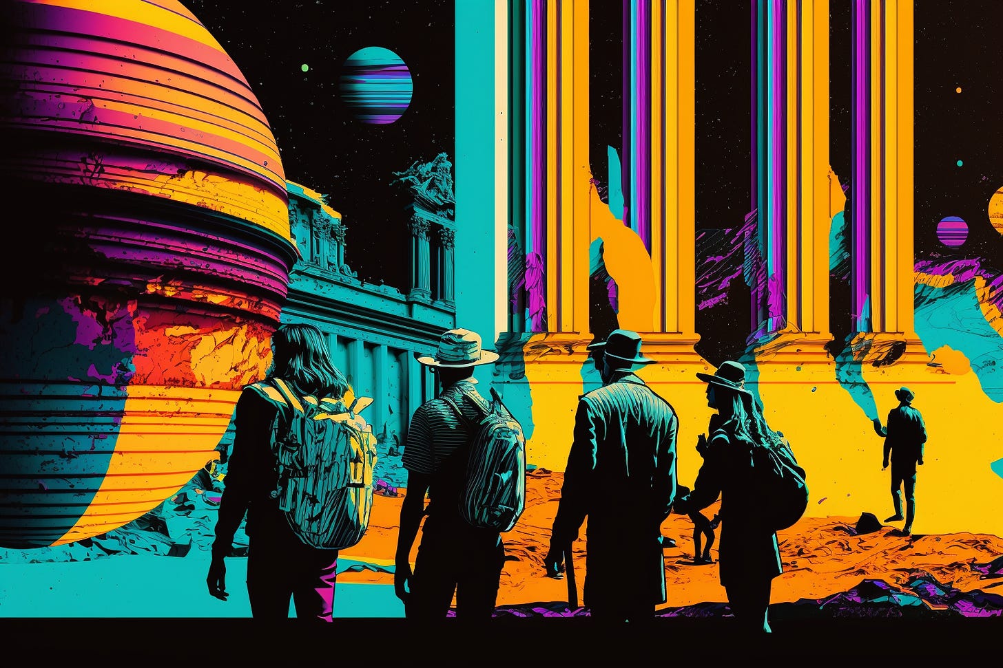 Midjourney-generated image of people looking across classical ruins with massive, unrealistically looming planets in a high contrast illustration