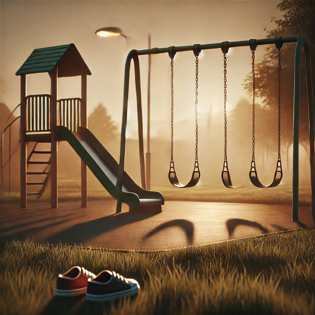 An empty playground at dusk with gently swaying swings and an empty slide. The playground equipment shows signs of wear, suggesting abandonment. The lighting is soft and muted, casting long shadows that evoke a sense of absence and loss. In the background, a pair of small, untied shoes is left behind on the grass, subtly hinting at the presence of children without showing them. The overall atmosphere is melancholic, conveying a sense of sadness and reflection.