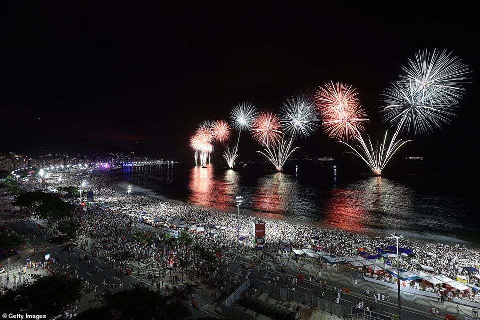 BRAZIL: Fireworks light up the night sky on Copacabana beach in Rio de Janeiro to ring in 2025 in Brazil