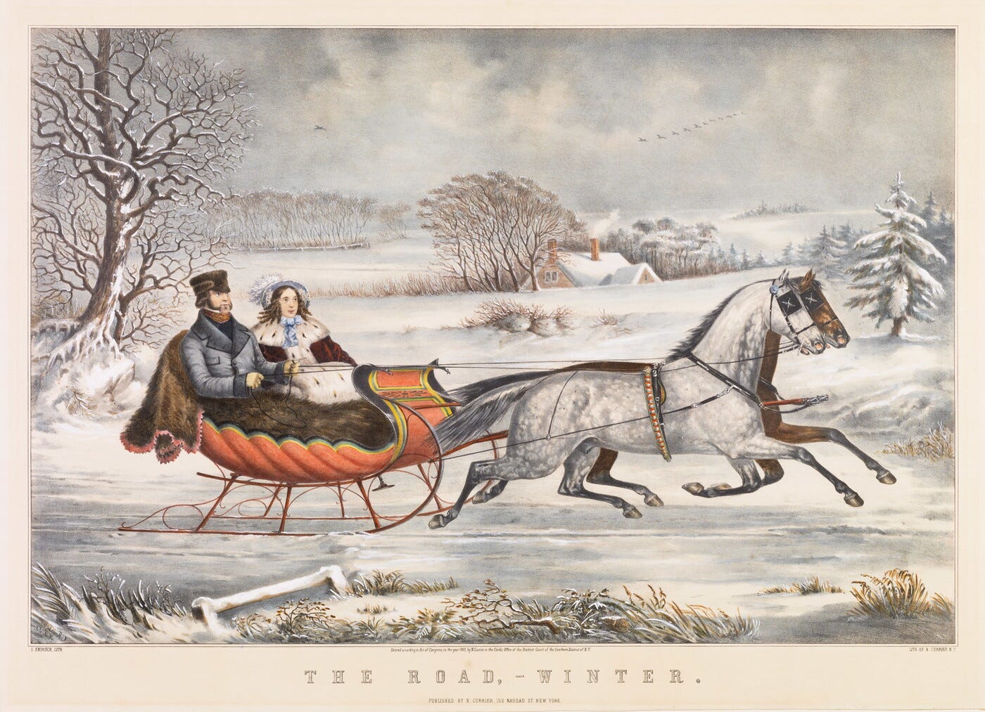 A color print of a couple in a horse drawn-sleigh riding through a snowy countryside with the words, "The Road - Winter" under the illustration.