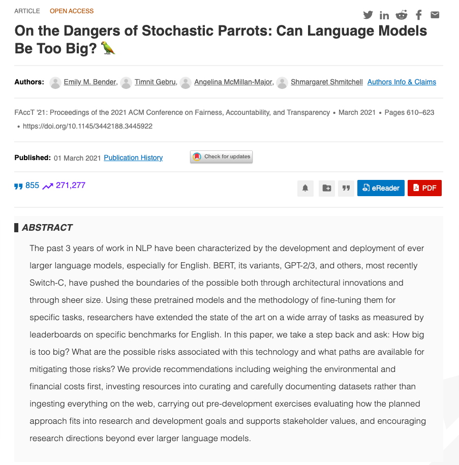 Screen shot of the Stochastic Parrots article webpage