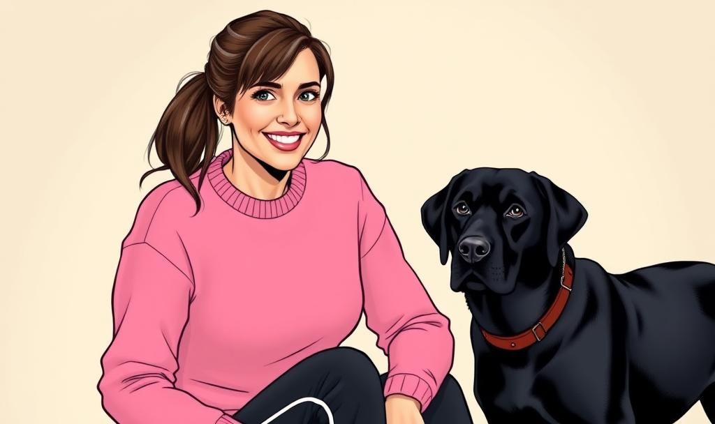 A happy midlife woman with dark green eyes, tied back brown hair with grey streaks, wearing a pink jumper and black jogging bottoms with white trainers. A black labrador with a brown collar is nearby.