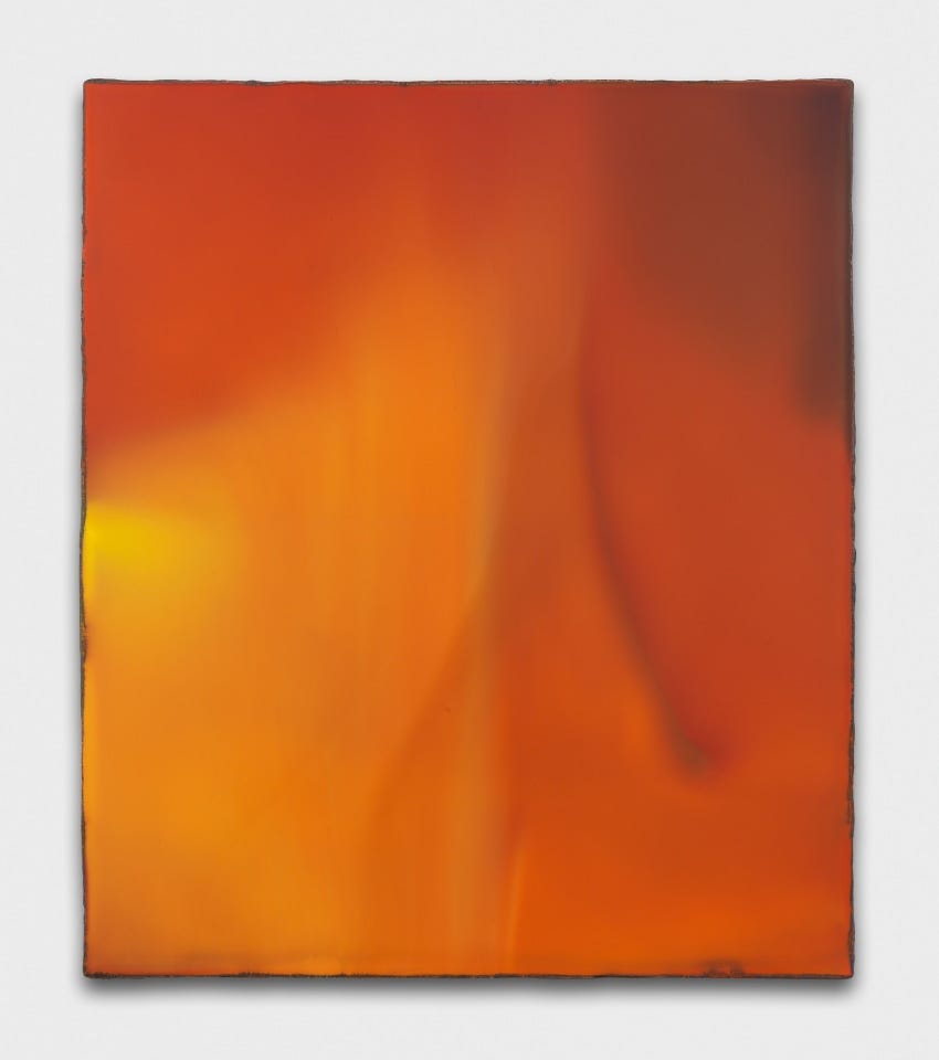 Markus Amm’s painting Licht, Messen, 2024: An abstract painting in vivid veils of orange and yellow. There is a sense of forms which have been submerged in color or blurred into unrecognizability.